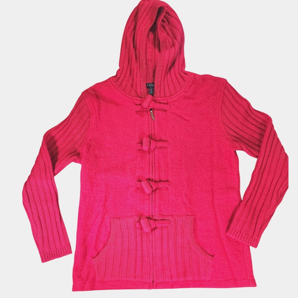 Vintage Tally Ho Red 100%‎ Wool Hooded Sweater Toggle Zip Women's Size L